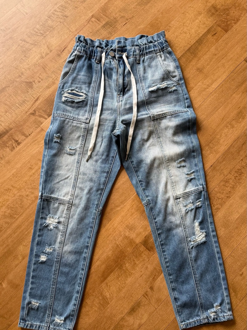 Women’s Distressed Drawstring Denim Jogger Jeans - Light Blue
